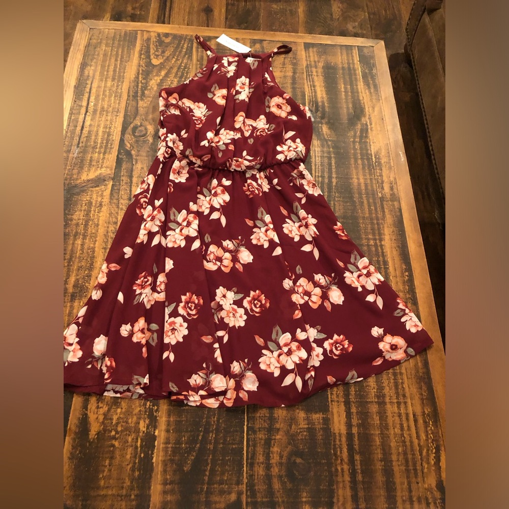 Blue Rain Burgundy Floral Halter Dress with Cream Blooms